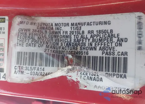 2004 Toyota Matrix Standard z USA, uszkodzony, nr VIN 2T1KR32E04C249516